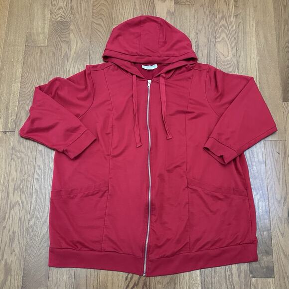 Woman within 2X Full Zip Top Jacket Red Hooded Pockets Lightweight Stretch - Picture 1 of 5